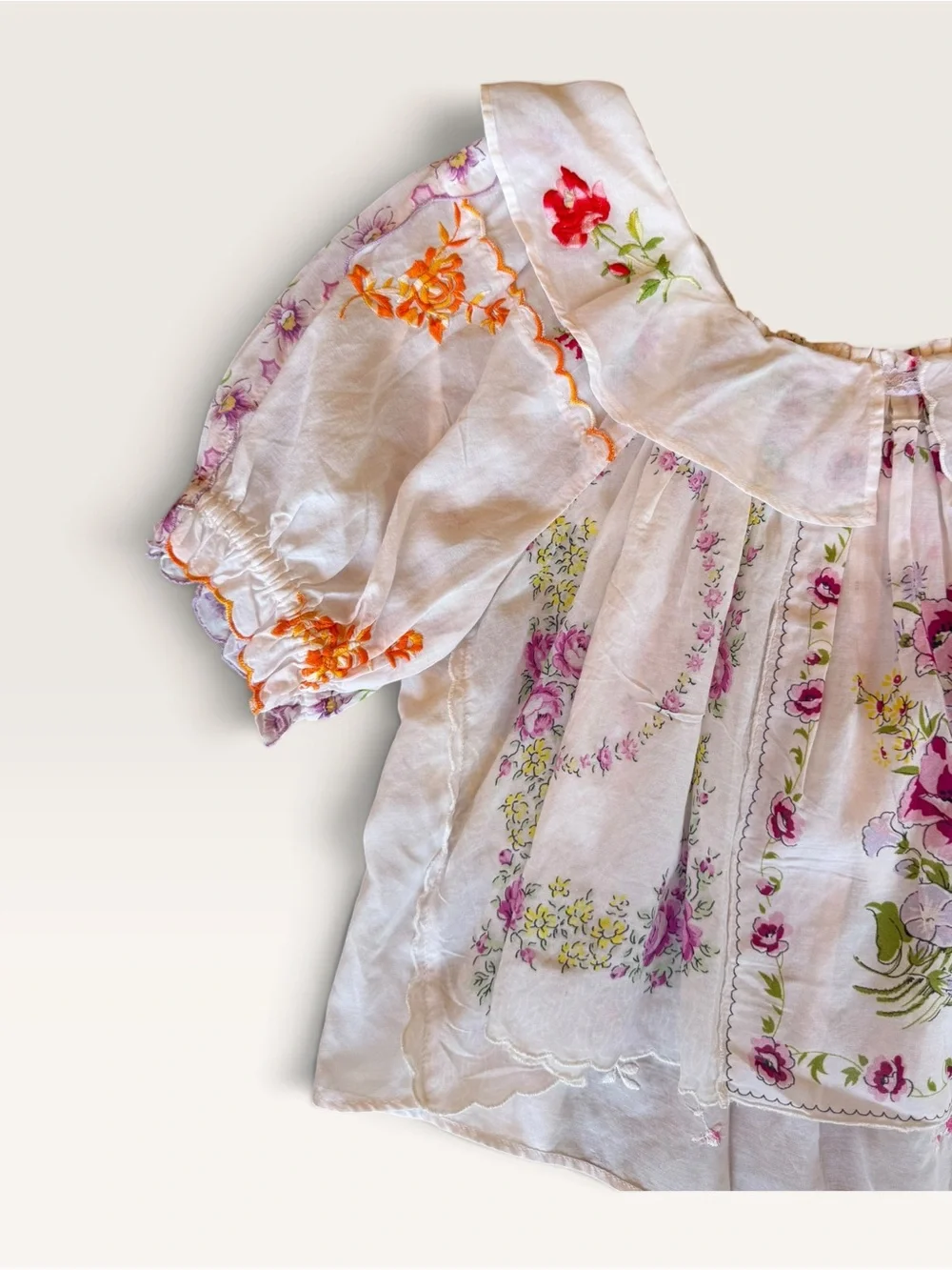 Anthropologie White Floral Puff Sleeve Blouse with Pink & Green Accents